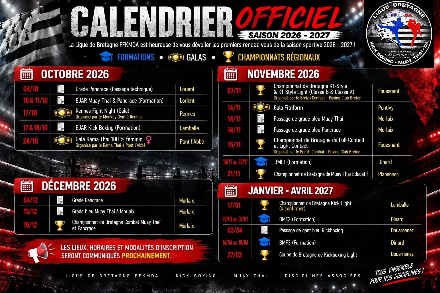 Calendrier officiel de la Ligue de Bretagne FFKMDA 2026