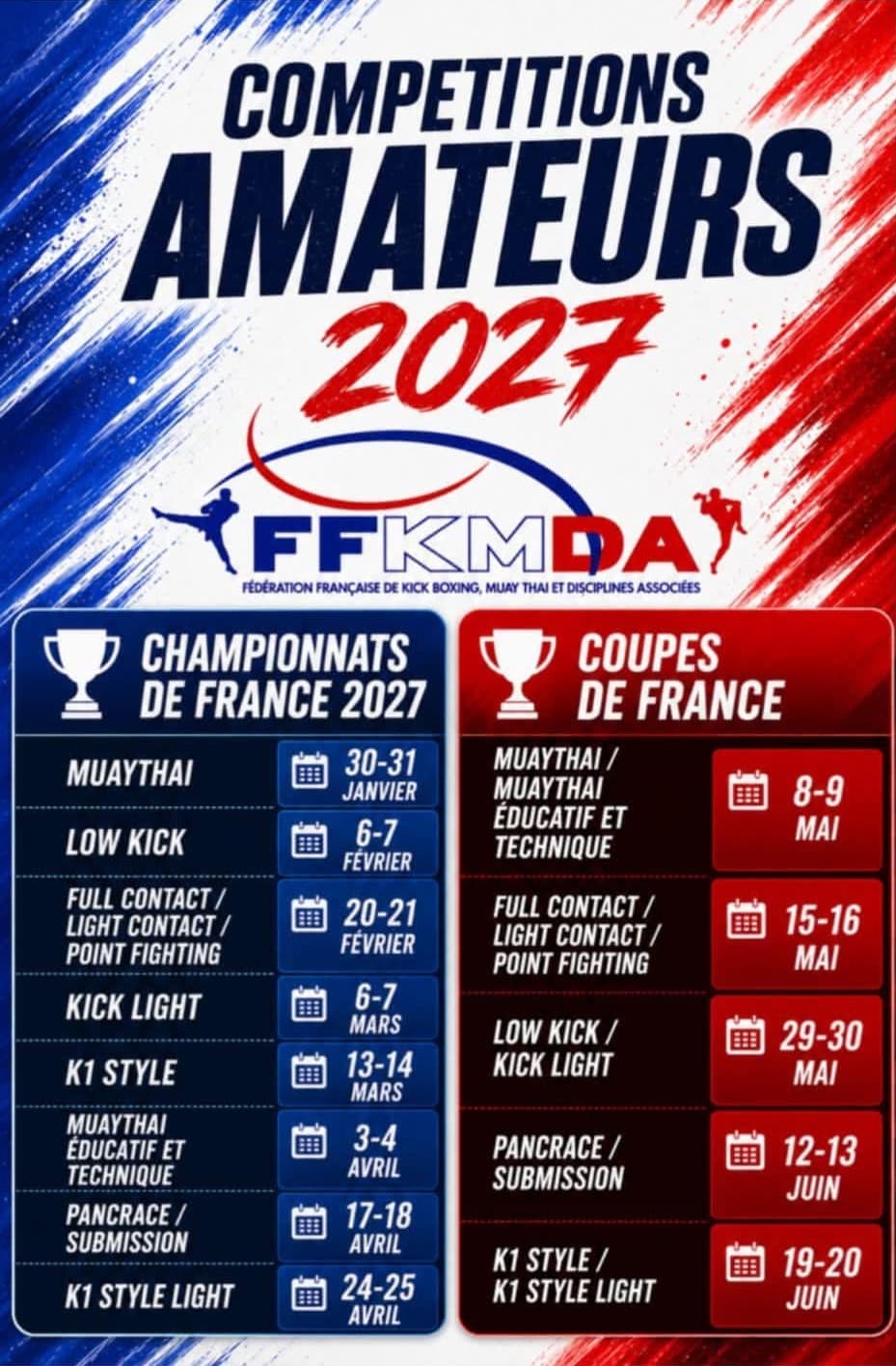 Calendrier des compétitions amateurs FFKMDA 2027